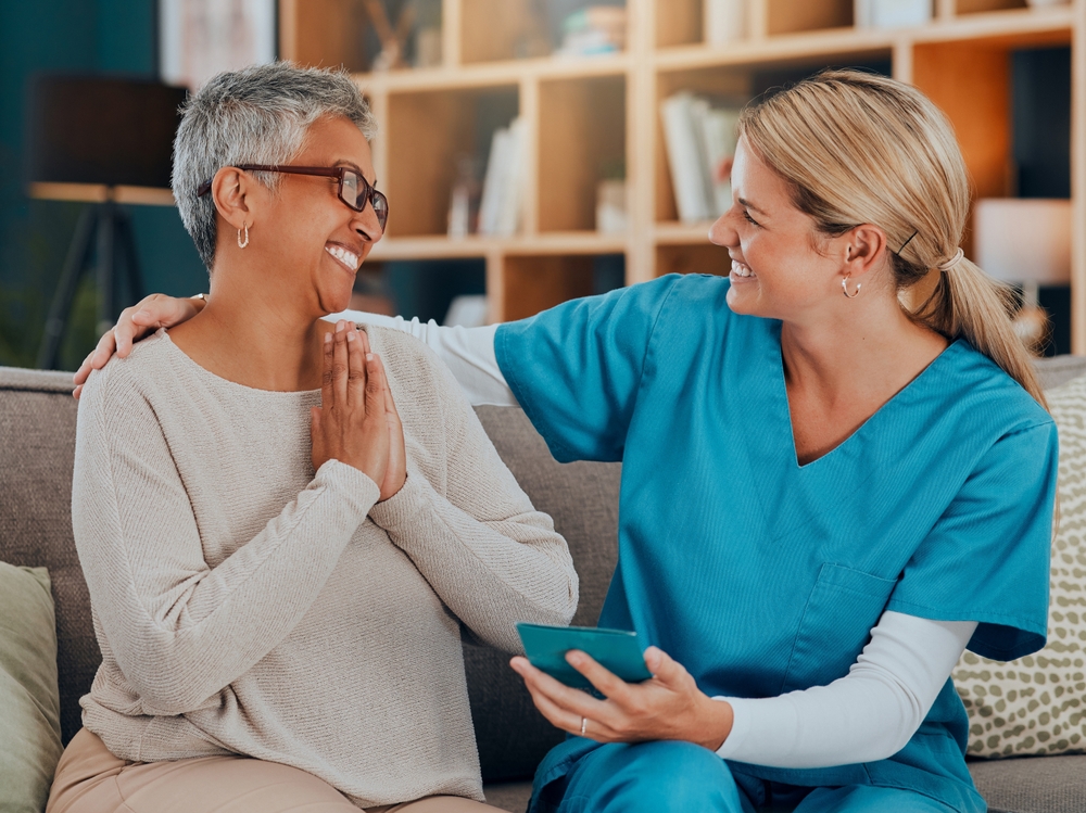 Senior,Care,,Caregiver,And,Patient,Together,On,A,Couch,Talking background