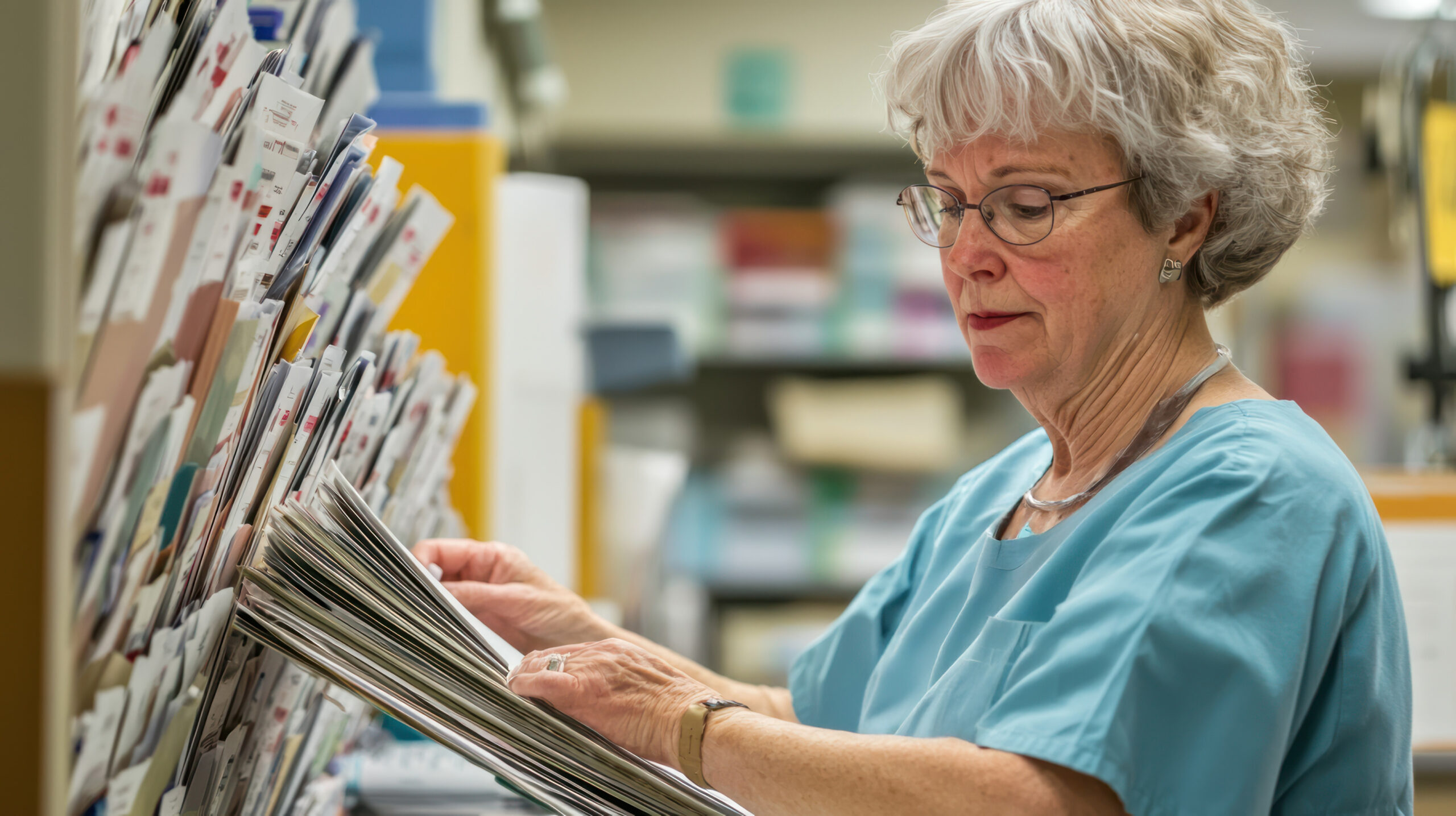 A clerk filing medical records in an office with health-related materials in the background