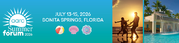 Banner for AARC Summer Forum 2026 announcing July 13–15 in Bonita Springs, Florida, with beach icons and photos of a couple dancing at sunset and a resort pool visit.