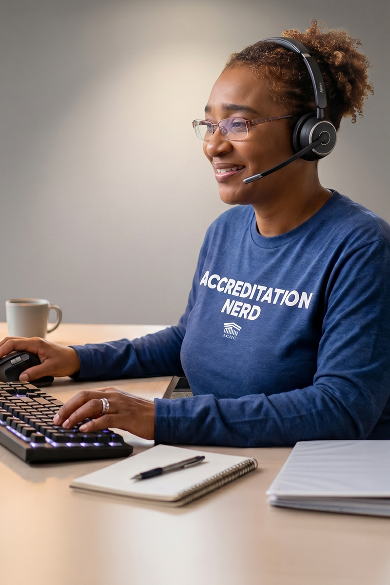 Smiling woman wearing a headset, typing at a computer; blue shirt reads ACCREDITATION NERD.