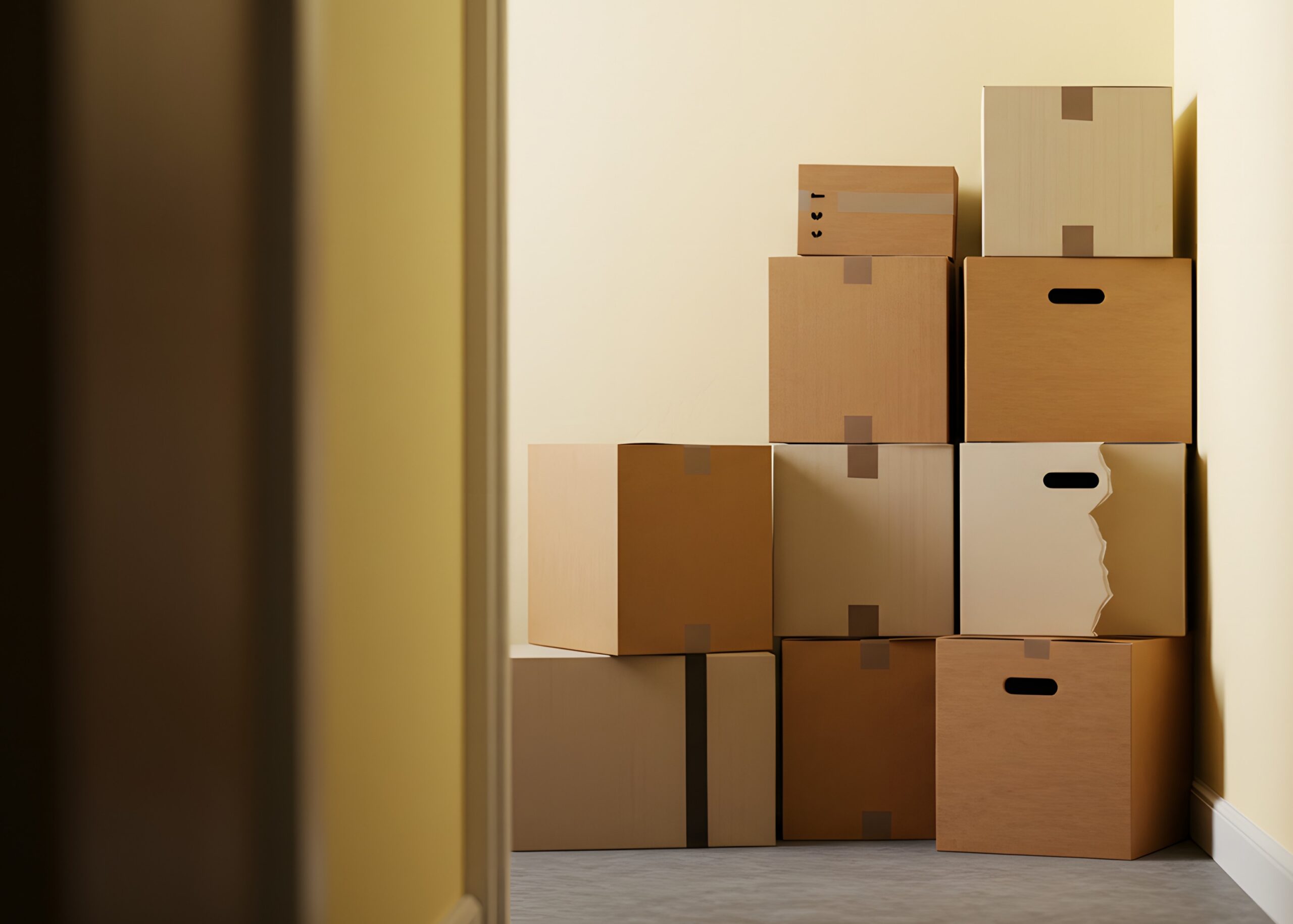 Stack of cardboard moving boxes piled in a narrow hallway against a pale wall.