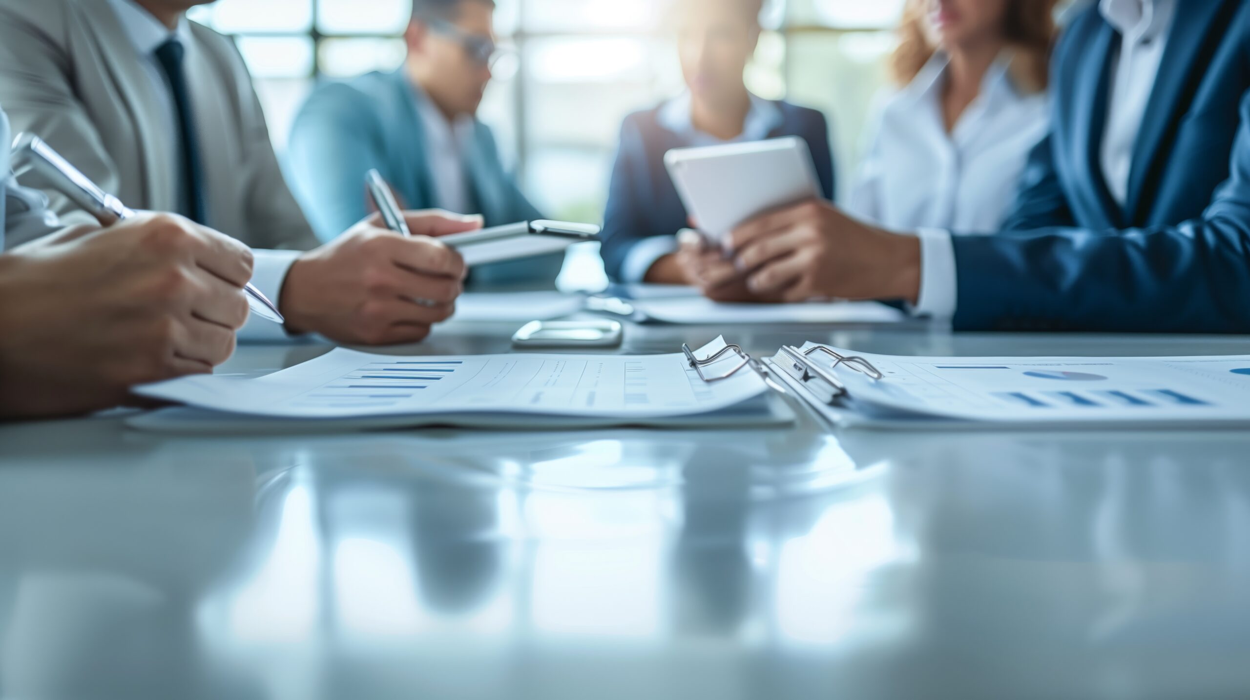 Business professionals in a meeting around a glass table with charts, documents, and folders laid out before them.