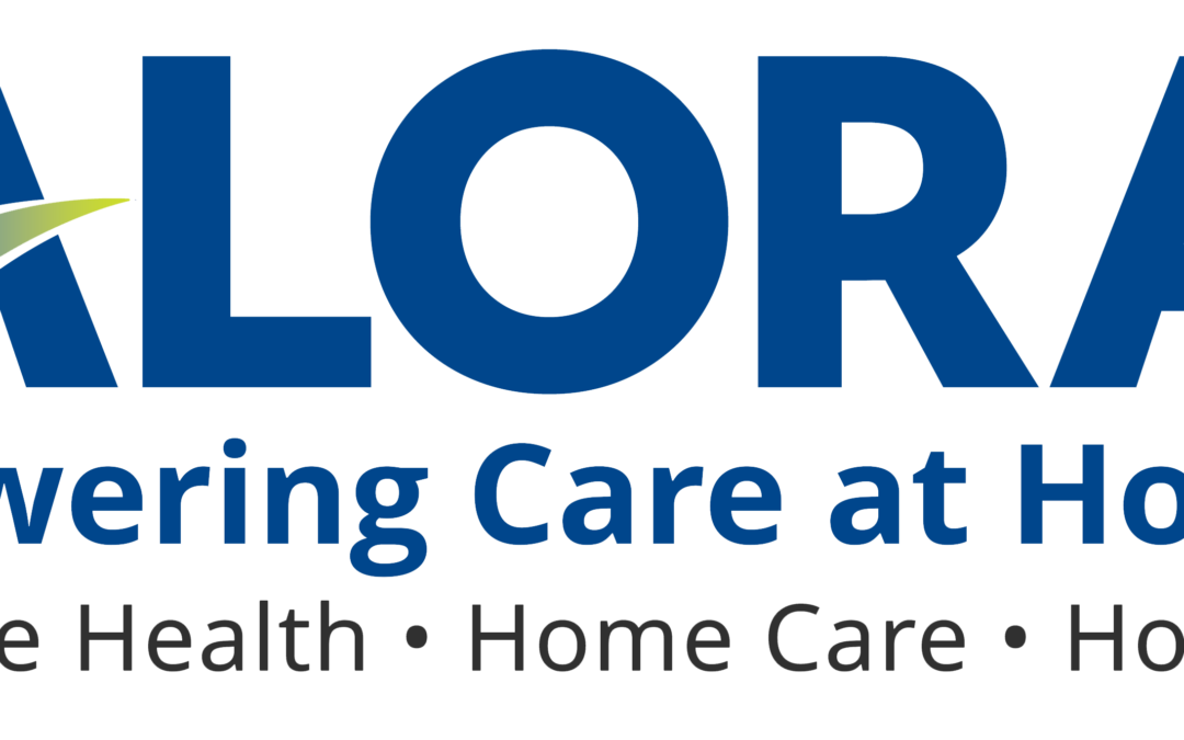 Alora logo in blue with a swoosh, slogan 'Powering Care at Home' and service lines 'Home Health · Home Care · Hospice'.