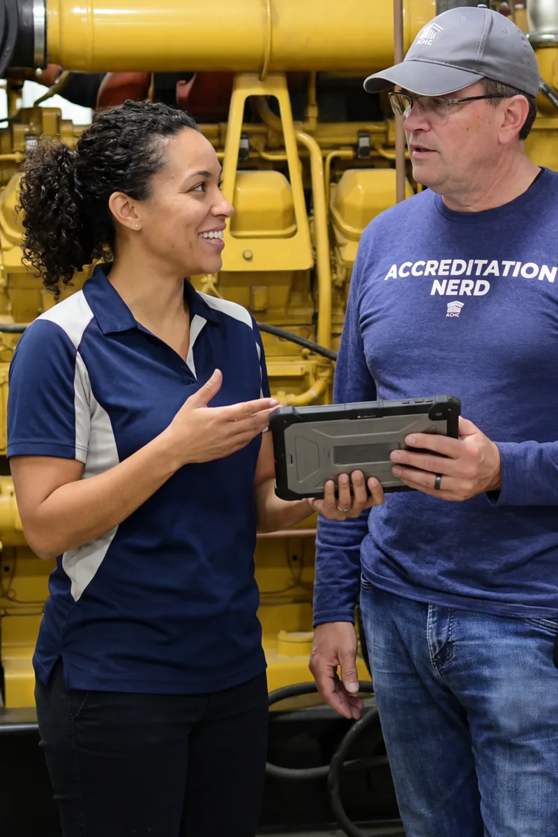 Two coworkers discuss by large yellow industrial machinery; woman in navy polo explains something using a rugged tablet as the man wears a cap and glasses and listens.