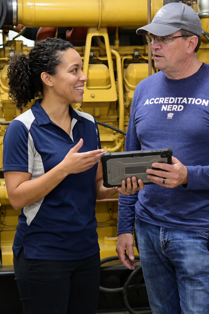 Two coworkers discuss by large yellow industrial machinery; woman in navy polo explains something using a rugged tablet as the man wears a cap and glasses and listens.