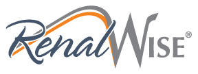 RenalWise brand logo with blue and orange swoosh styling the word 'RenalWise' in gray typography.