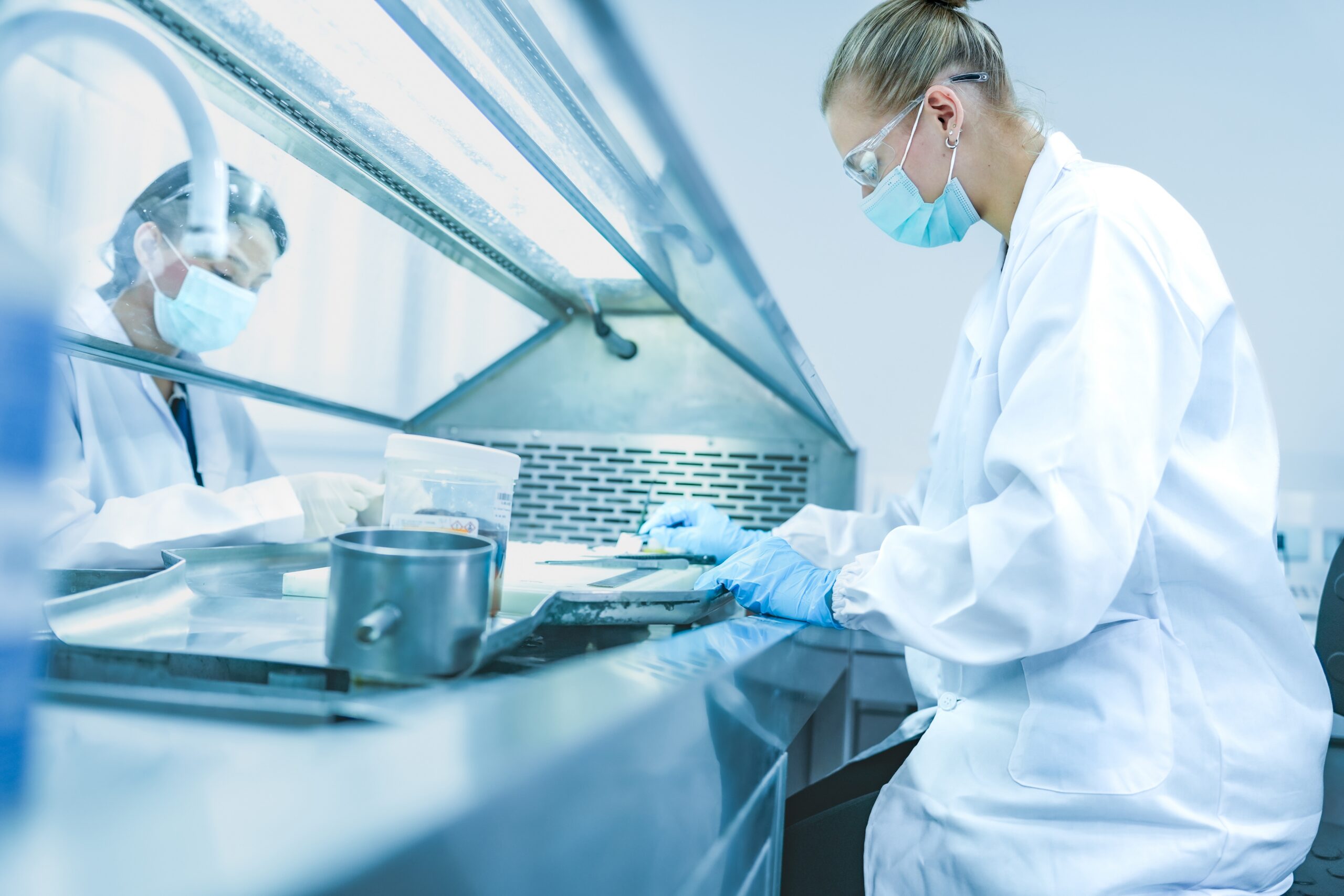 Two scientists in masks and gloves conduct experiments at a stainless steel lab bench under a hood/ventilation unit in a sterile workspace.