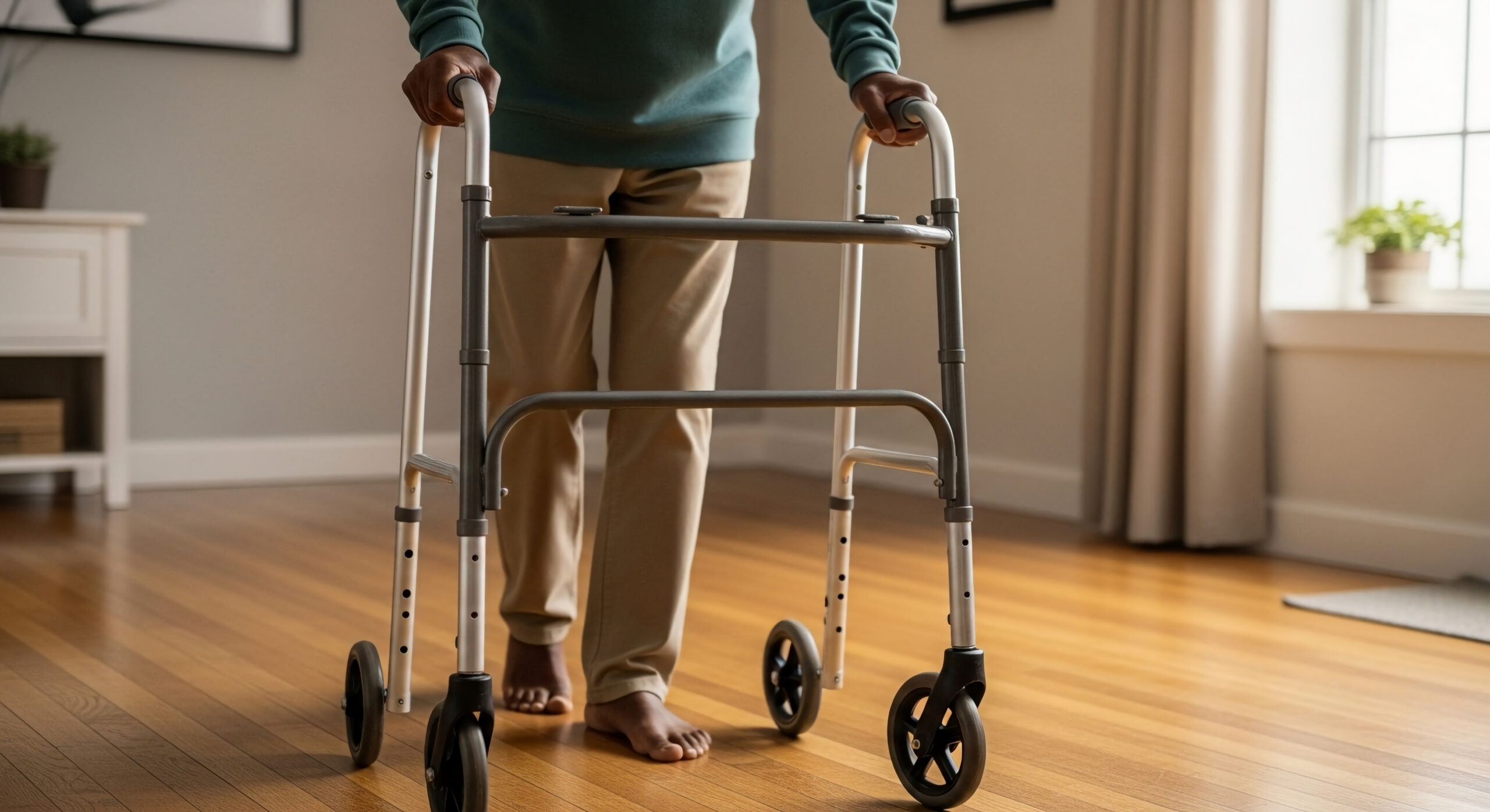 Person stands behind a white and gray walker on a wooden floor in a home, hands on the handles wearing a teal sweatshirt and beige pants.