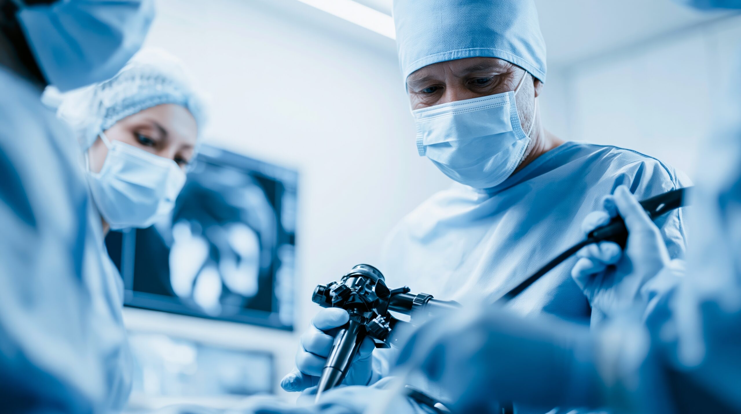 Surgeons in blue scrubs and masks performing surgery, focusing on a medical instrument in an operating room.