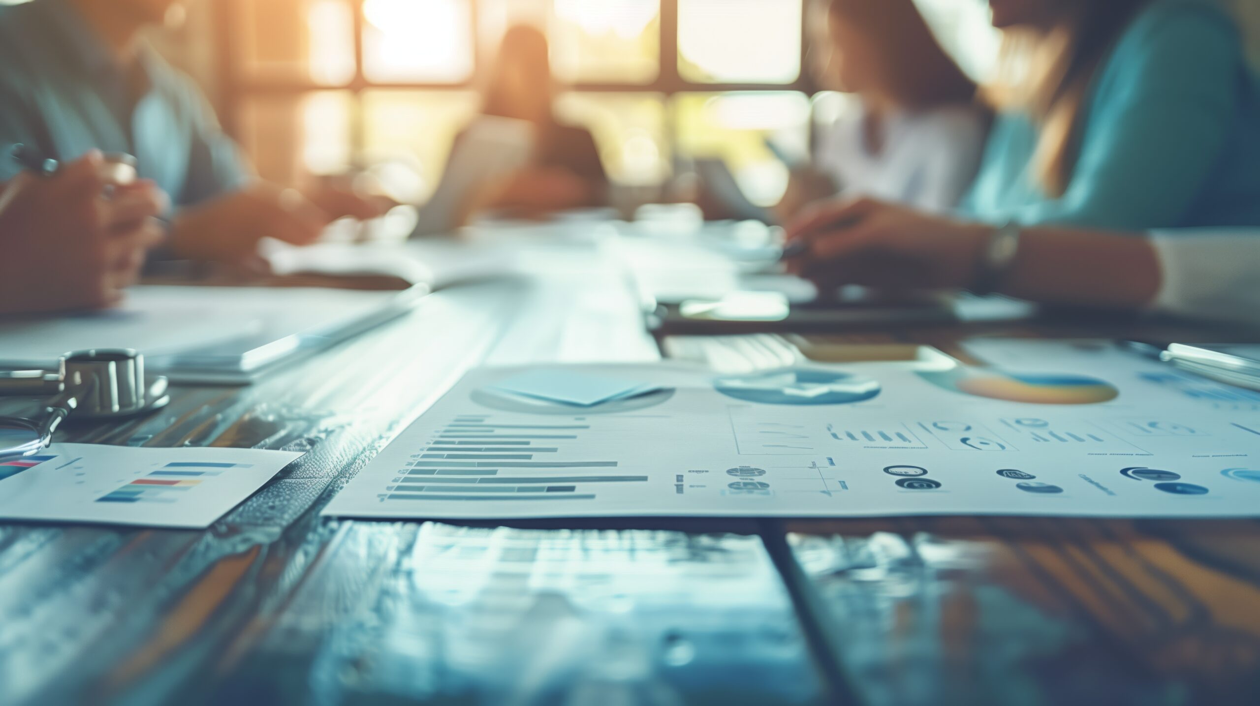 Team at a meeting reviewing charts and documents on a sunlit conference table in soft focus.