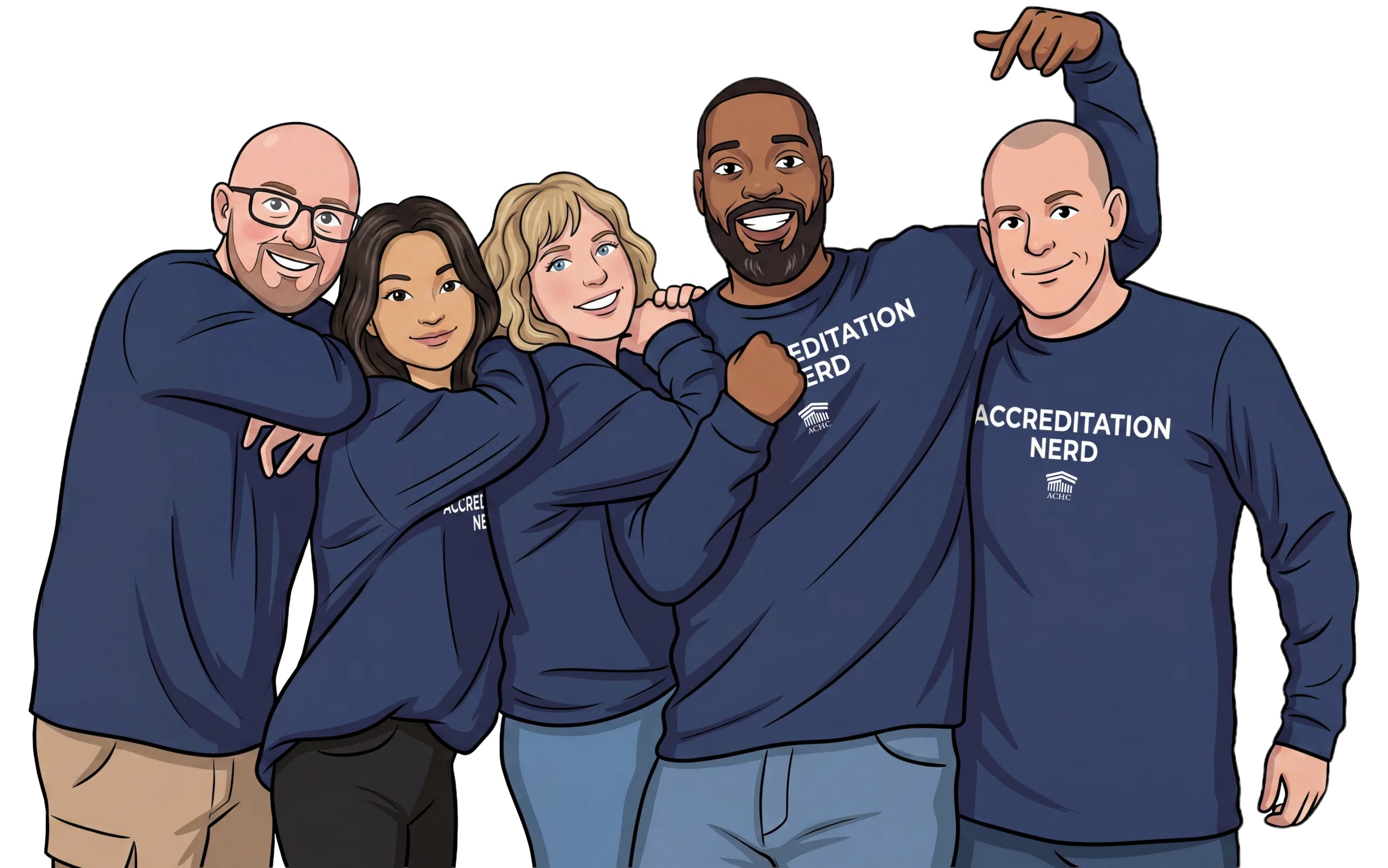 Five coworkers wearing navy sweatshirts with 'Accreditation Nerd' logos pose together, smiling and showing camaraderie.
