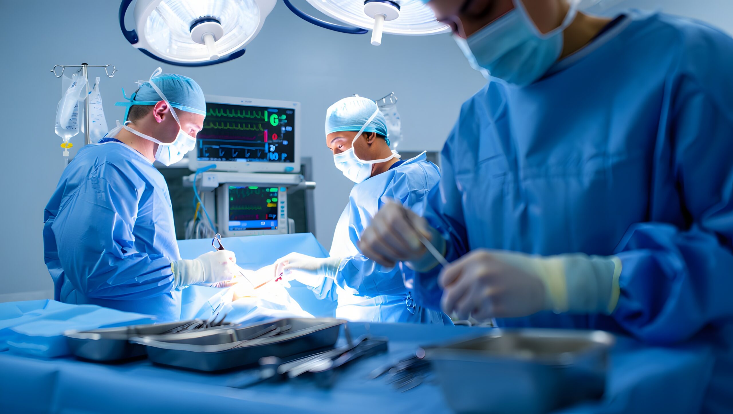 Surgeons in blue scrubs and masks performing surgery under bright operating room lights with monitors displaying vital signs nearby.