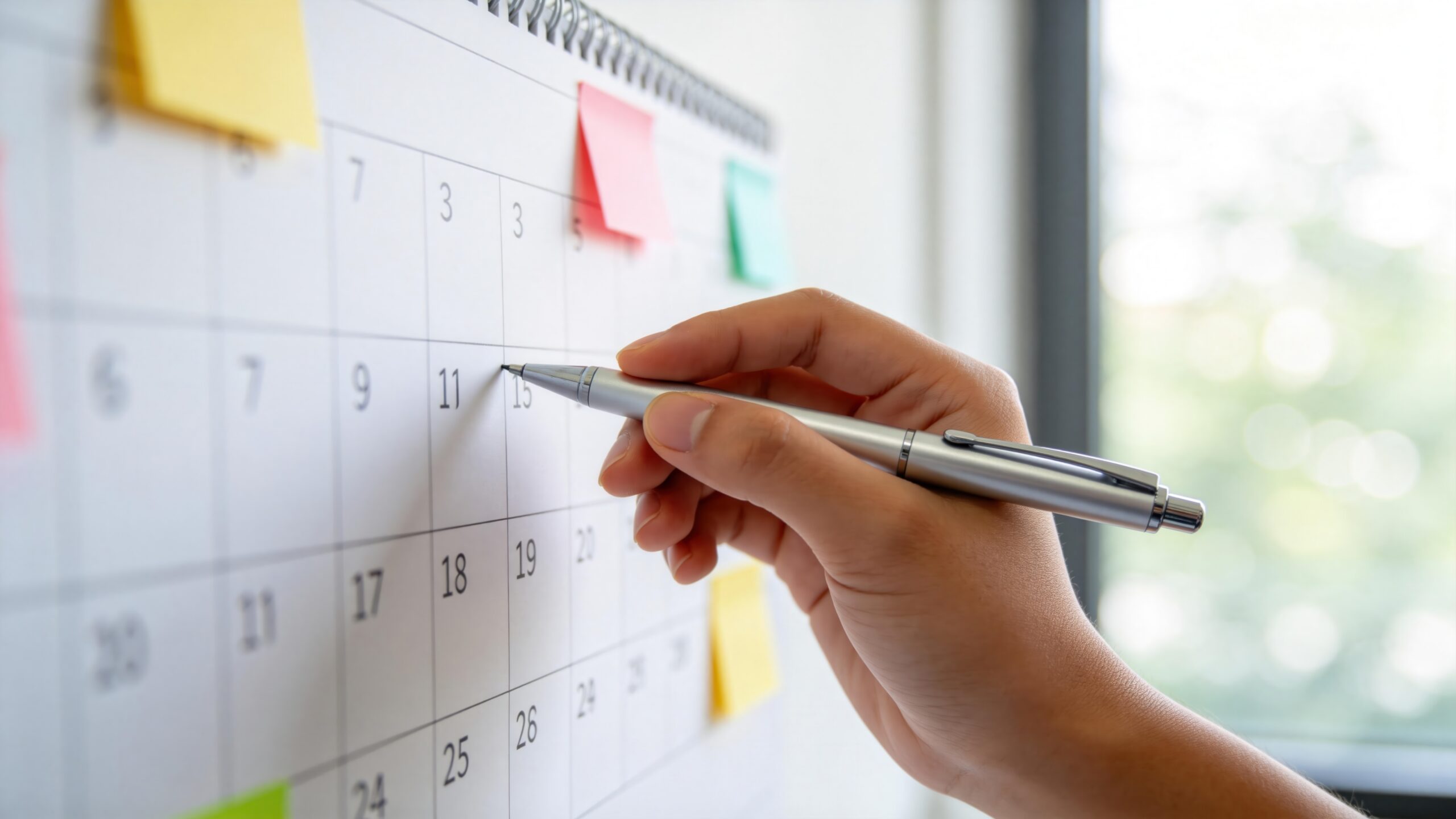 Person holding a silver pen and pointing at a calendar wall with dots of sticky notes while preparing to mark a date.
