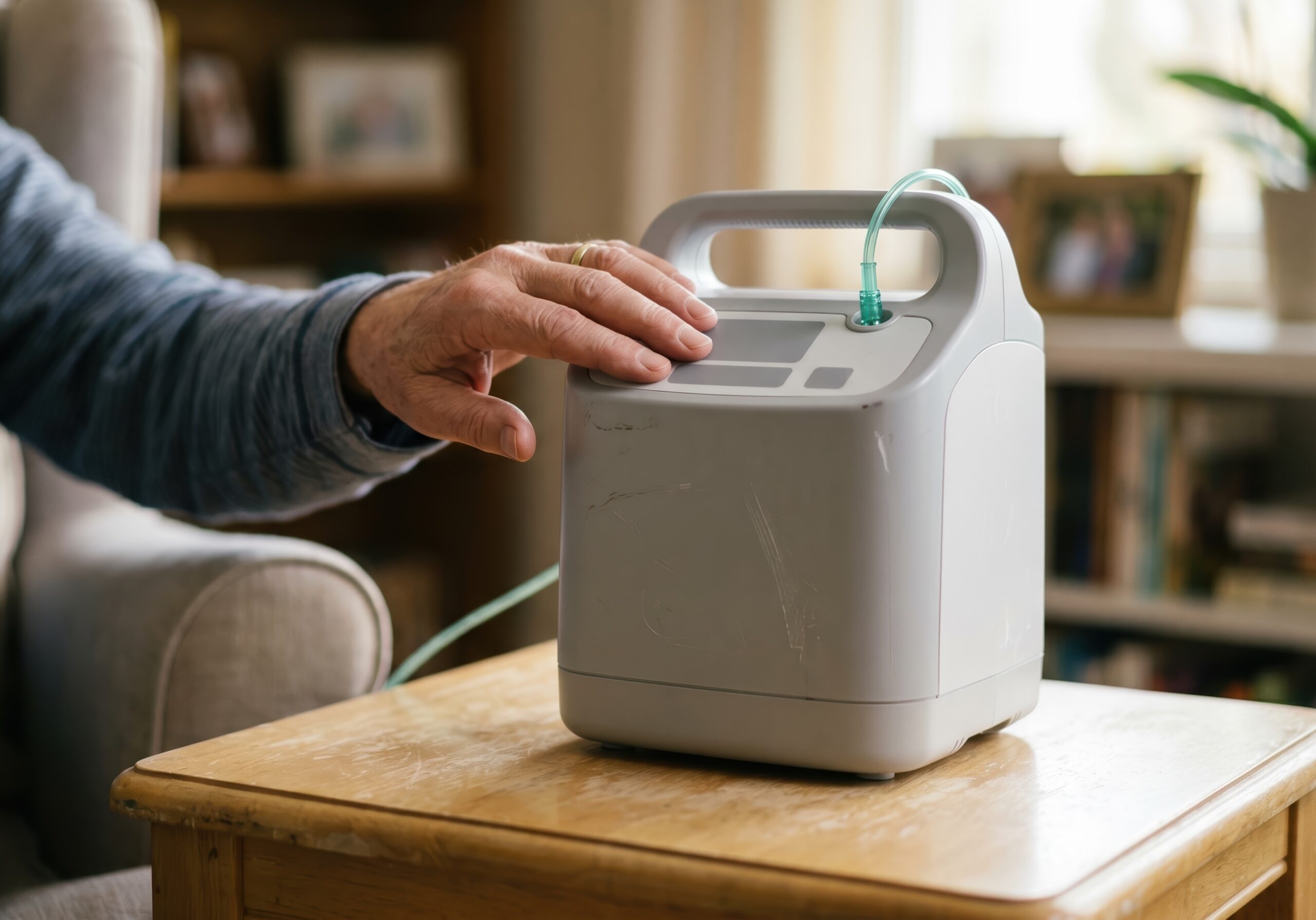 Close-up of a hand pressing the control panel of a white oxygen concentrator with a green tubing connector on a wooden table.
