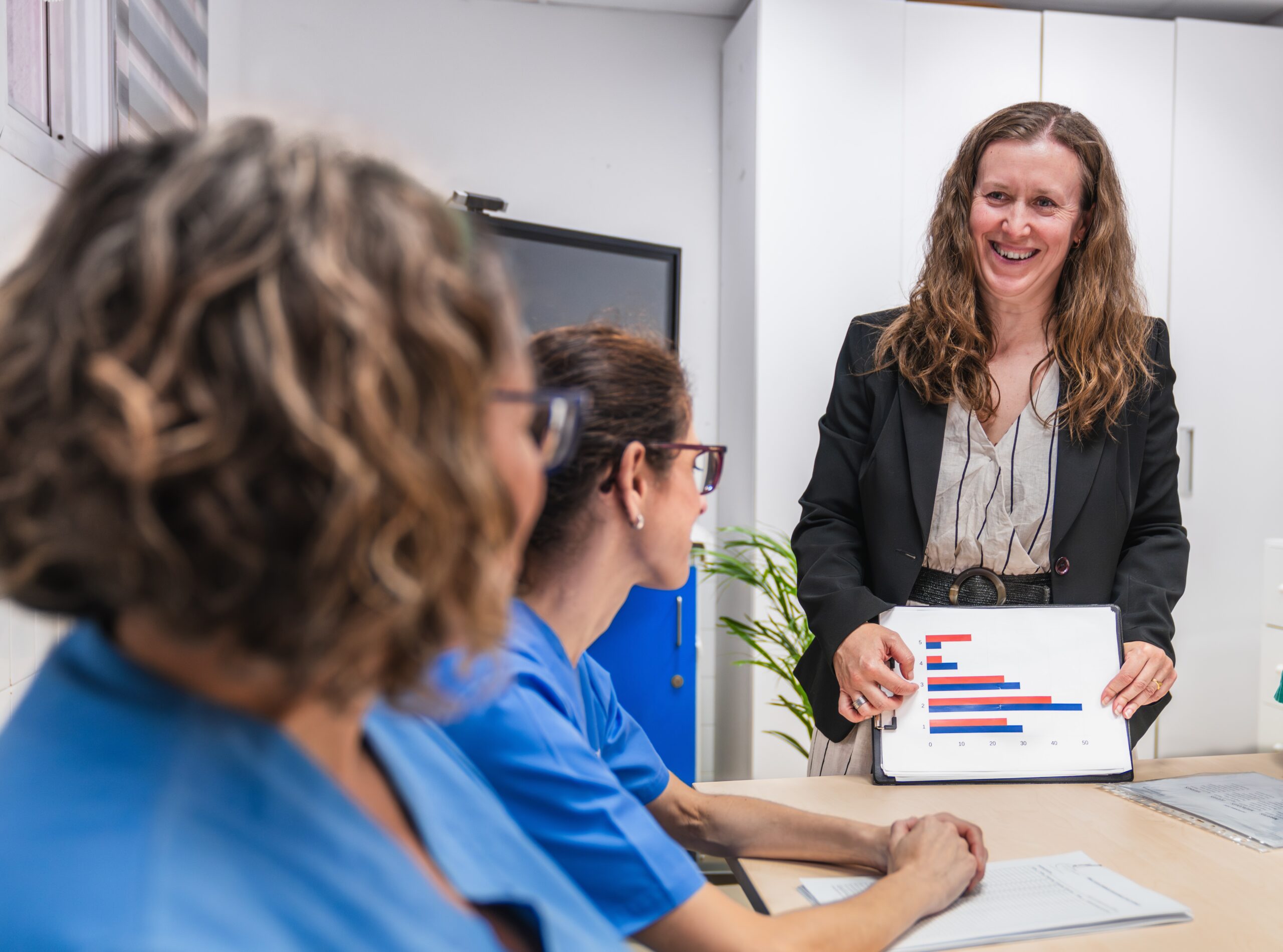 Smiling woman in a blazer presenting a colorful bar chart to colleagues in blue scrubs at a meeting table.