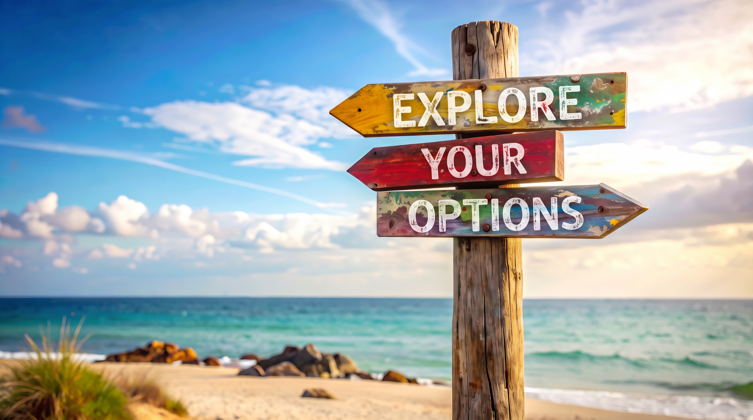 Colorful wooden signpost on a beach that reads 'Explore Your Options' against a blue sky and ocean backdrop.