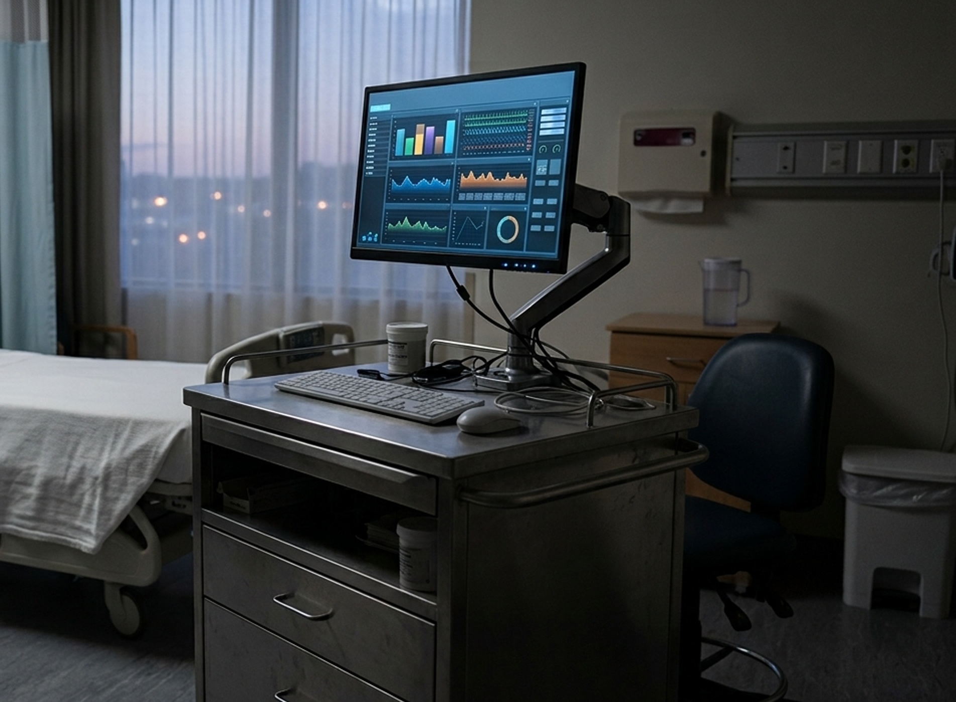Hospital room with a medical monitor on a wheeled cart beside a patient bed and sheer curtains in the background.