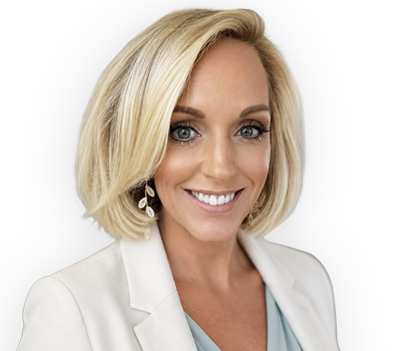 Professional headshot of a smiling blonde woman in a white blazer and light blue top, against a black background.