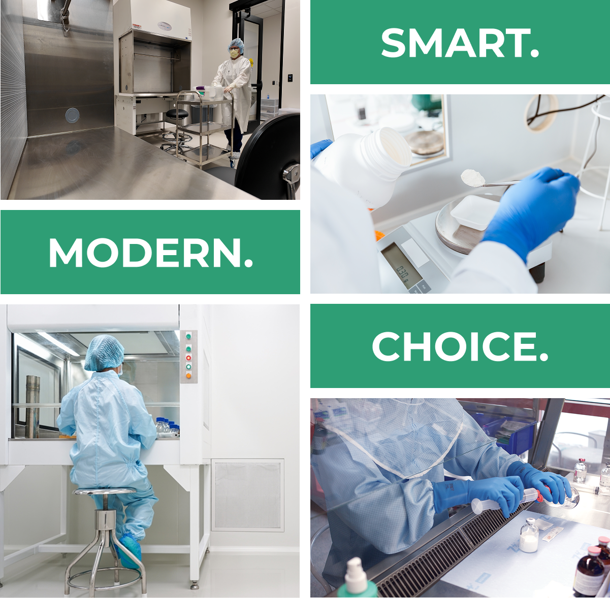 AO-PCAB-BG | ACHC.ORG Collage of a modern biotech lab with PPE-clad staff, stainless equipment, and green banners reading SMART. MODERN. CHOICE.
