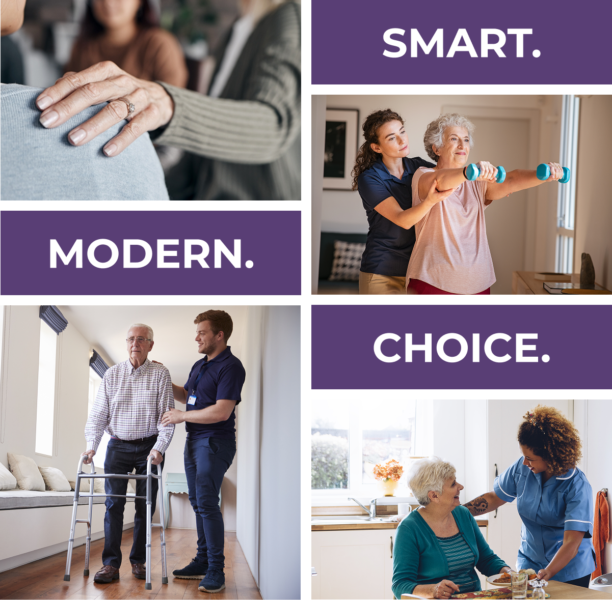 Collage promoting modern elder care with caregivers assisting seniors and bold purple panels reading SMART, MODERN, CHOICE.